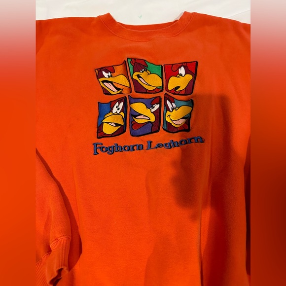 Vintage 90's Warner Brothers Foghorn Leghorn Crewneck Sweatshirt Orange XXL - Picture 4 of 8